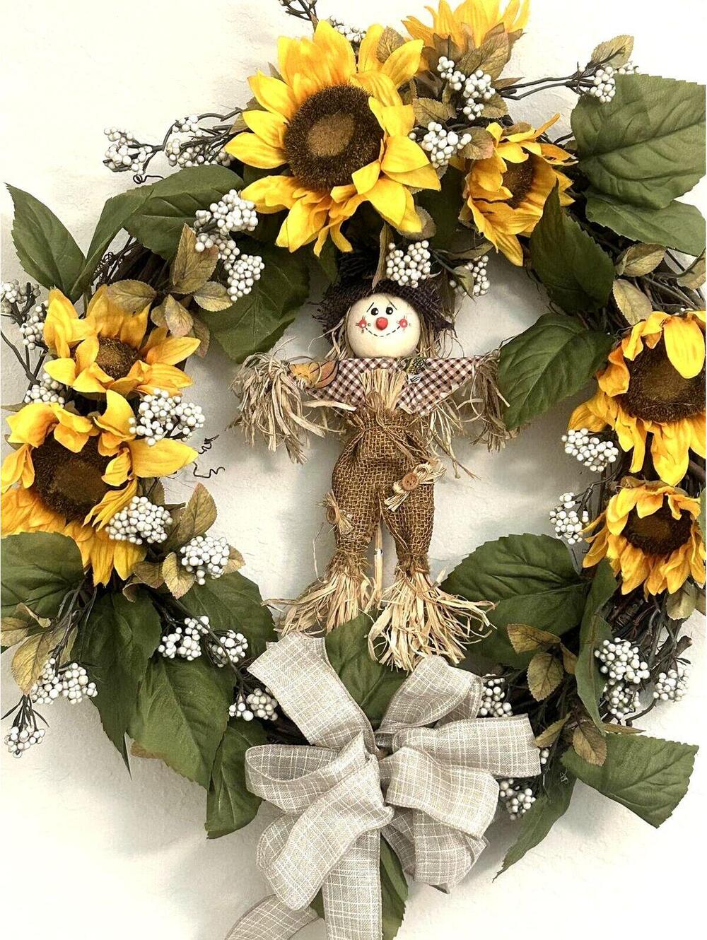 Sunflower Fall Wreath Front Door Decor Handmade Autumn Wreath Scarecrow Harvest